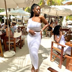 Crop Top Skirt Set One Arm Sleeve White Bodycon